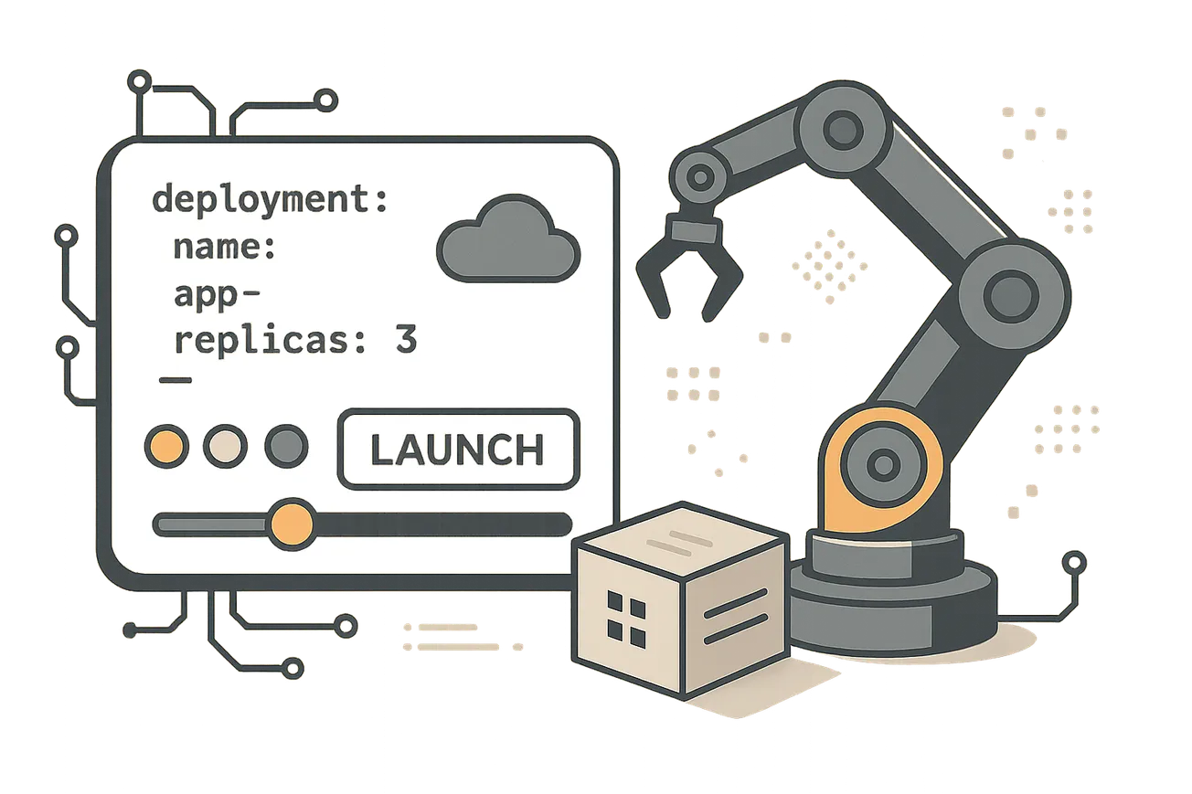A funny looking wizard with a wand on a cloud, symbolizing self-service infrastructure