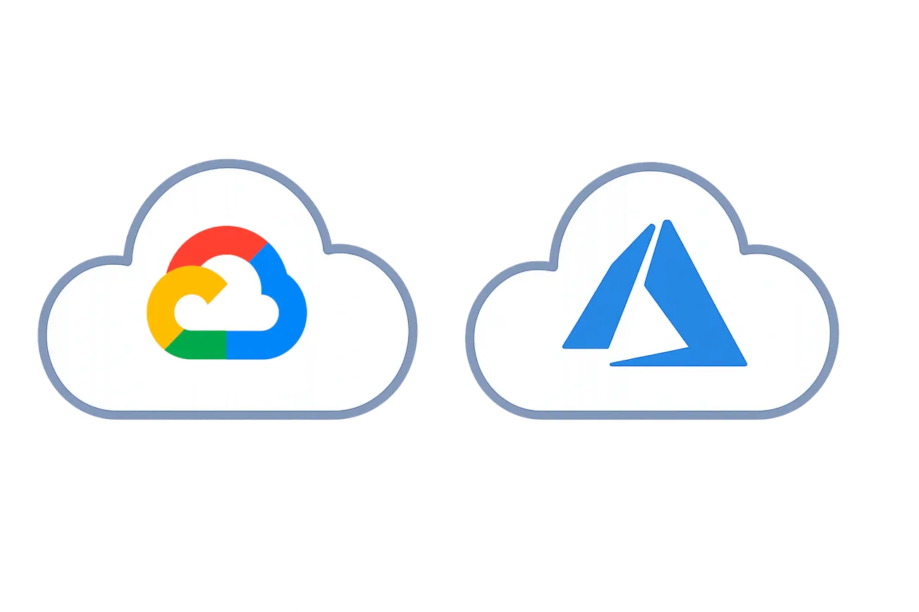 An abstract illustration of a multi-cloud architecture with Azure and Google Cloud logos