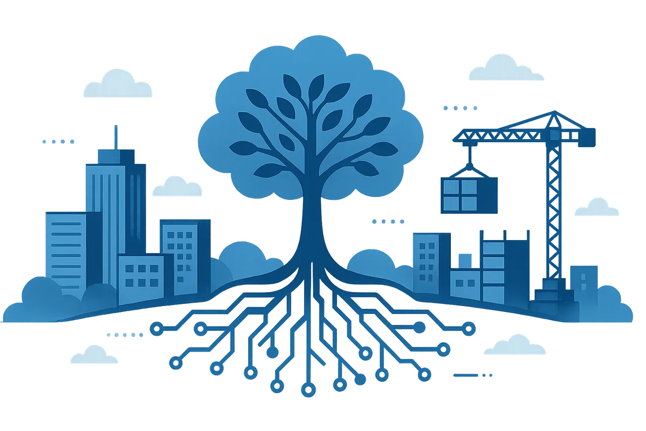 An abstract illustration of Telenor's Developer Platform's operating model with various symbols representing its components
